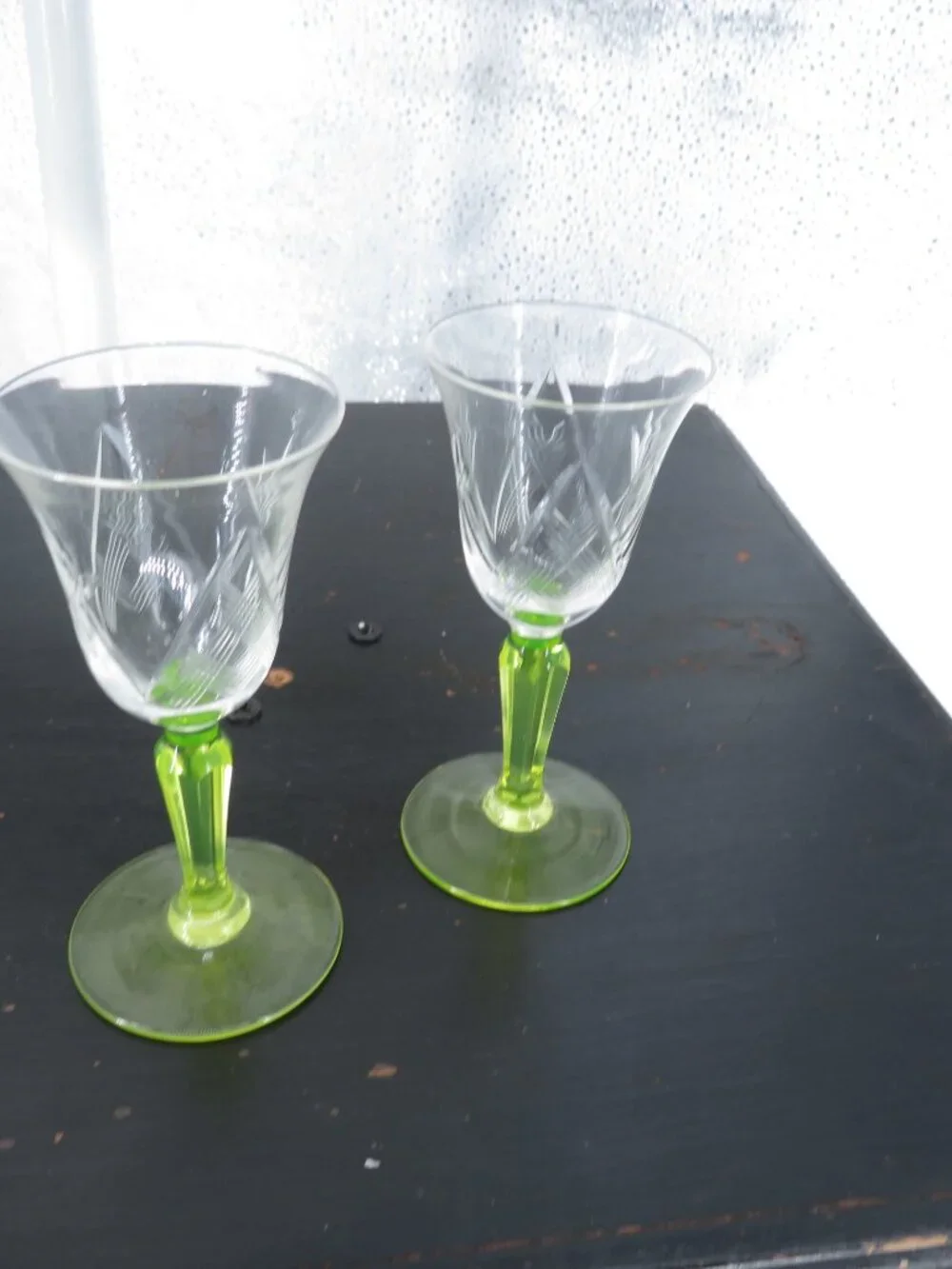 Vintage Green Stemmed Cordial Glasses 2 Cut Crystal Clear 4.5in Aperitif Glass